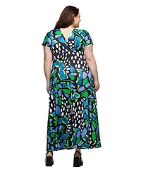 24seven Comfort Apparel Plus V-Neck Empire Waist Cap Sleeve Maxi Dress