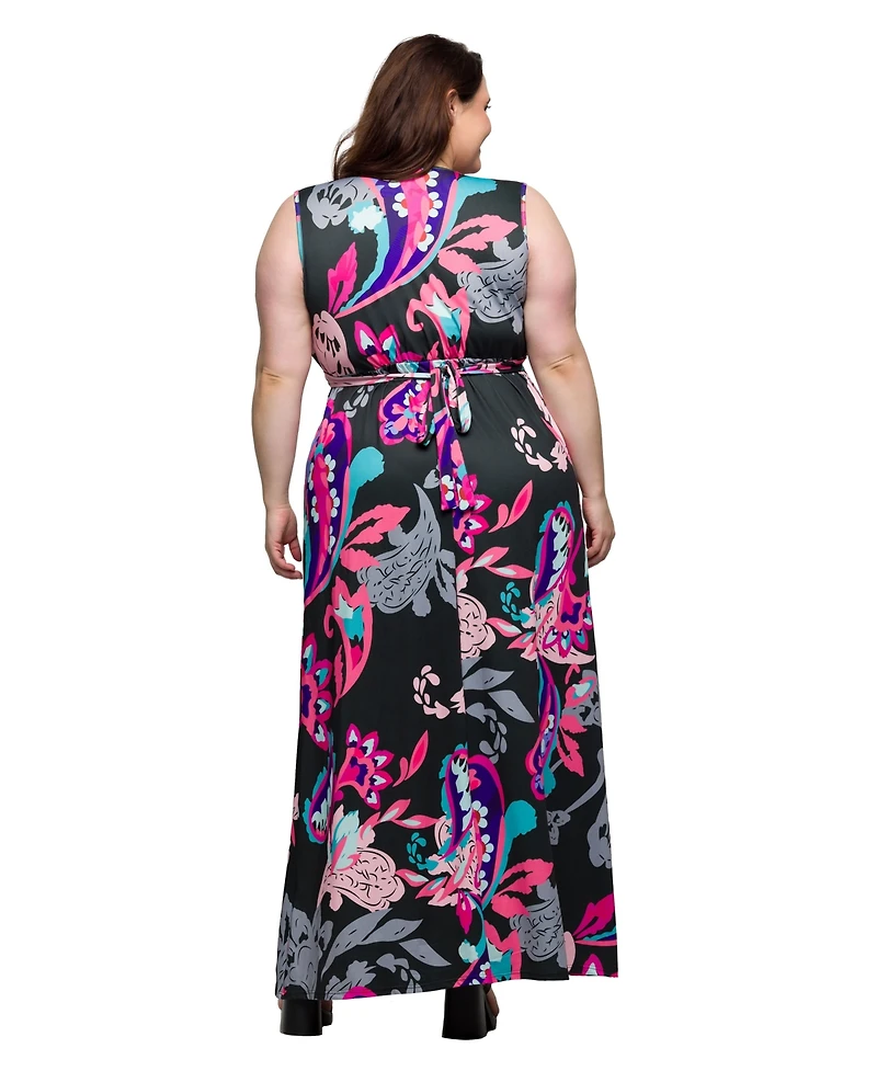 24seven Comfort Apparel Plus Print V-Neck Empire Waist Sleeveless Maxi Dress