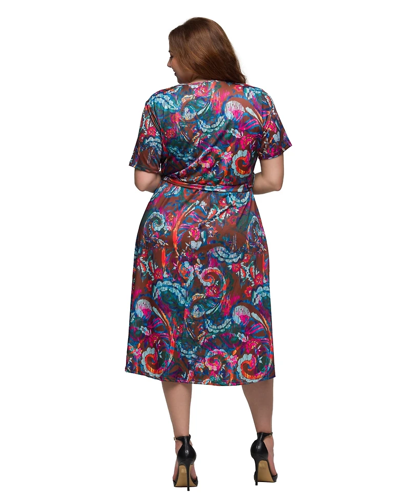 24seven Comfort Apparel Plus Print Short Sleeve Tie Waist Midi Dress