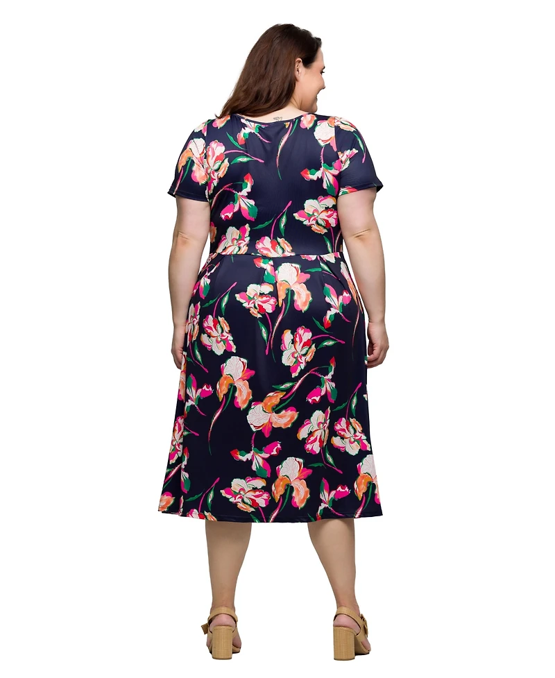 24seven Comfort Apparel Plus Short Sleeve Pleated Flare Midi Pocket Dress