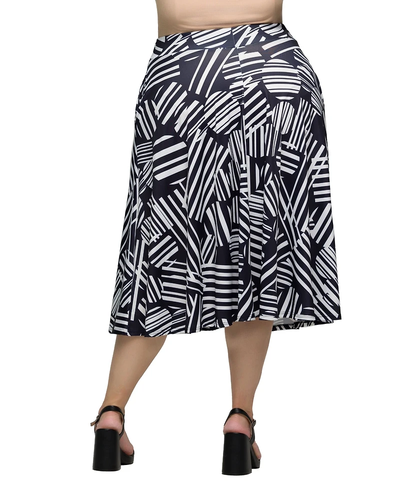 24seven Comfort Apparel Plus Size Print Elastic Waist Pocket Midi Skirt