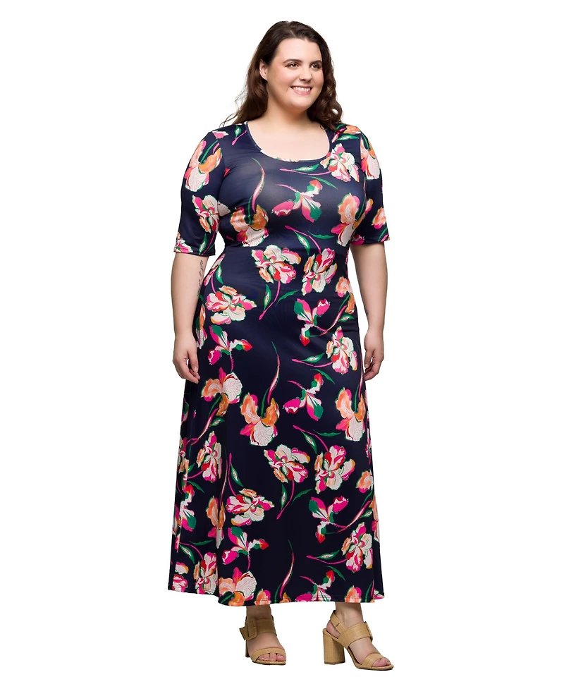24seven Comfort Apparel Plus Print Elbow Sleeve Casual A-Line Maxi Dress