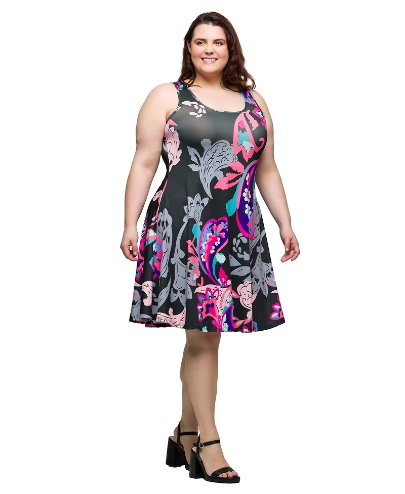 24seven Comfort Apparel Plus Print Sleeveless Knee Length Tank Swing Dress