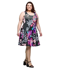 24seven Comfort Apparel Plus Print Sleeveless Knee Length Tank Swing Dress