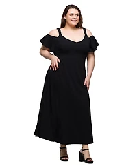 24seven Comfort Apparel Plus Cold Shoulder Ruffle Sleeve A-Line Maxi Dress