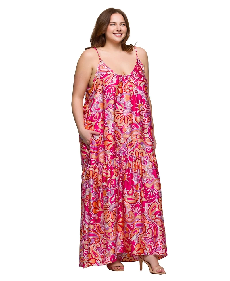 24seven Comfort Apparel Plus Size Print Lightweight Spaghetti Strap Pocket Maxi Dress