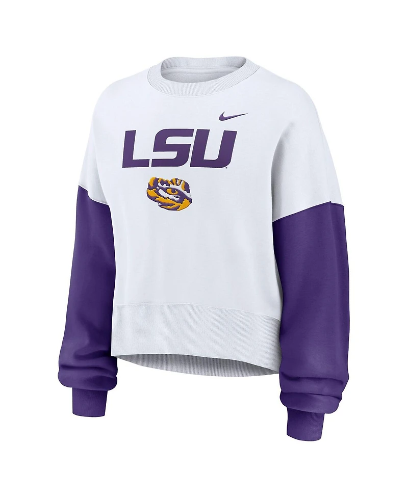 Nike Women's White Lsu Tigers Color-Block Oversized Cropped Pullover Sweatshirt