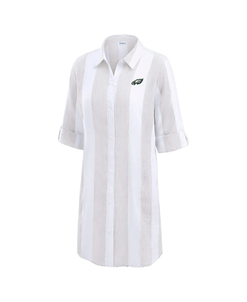 Tommy Bahama Women's Khaki/White Philadelphia Eagles Rugby Beach Stripe Button-Up Tunic Top
