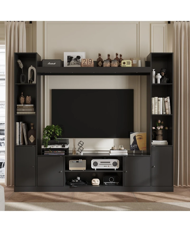 Black four-door Tv stand, media console with movable shelves, multi-purpose entertainment center