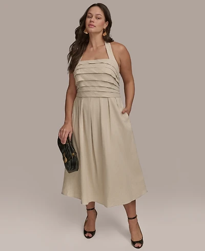Donna Karan New York Plus Pleated-Bodice Halter Neck Midi Dress