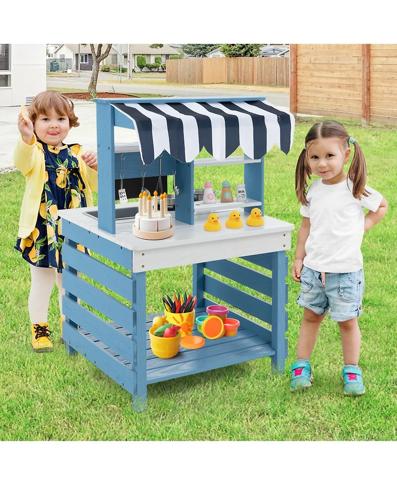 Double-Sided Wooden Play Kitchen with Stoves and Grocery Stand, Pretend Play Set