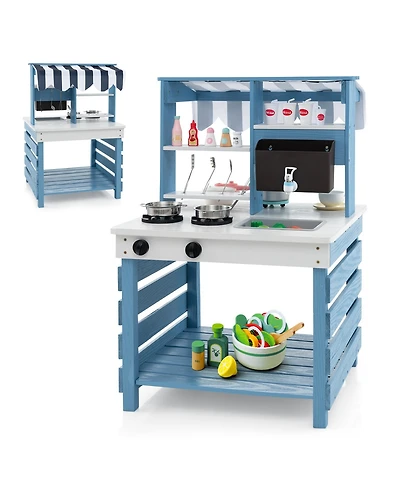 Double-Sided Wooden Play Kitchen with Stoves and Grocery Stand, Pretend Play Set