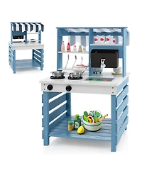 Double-Sided Wooden Play Kitchen with Stoves and Grocery Stand, Pretend Play Set