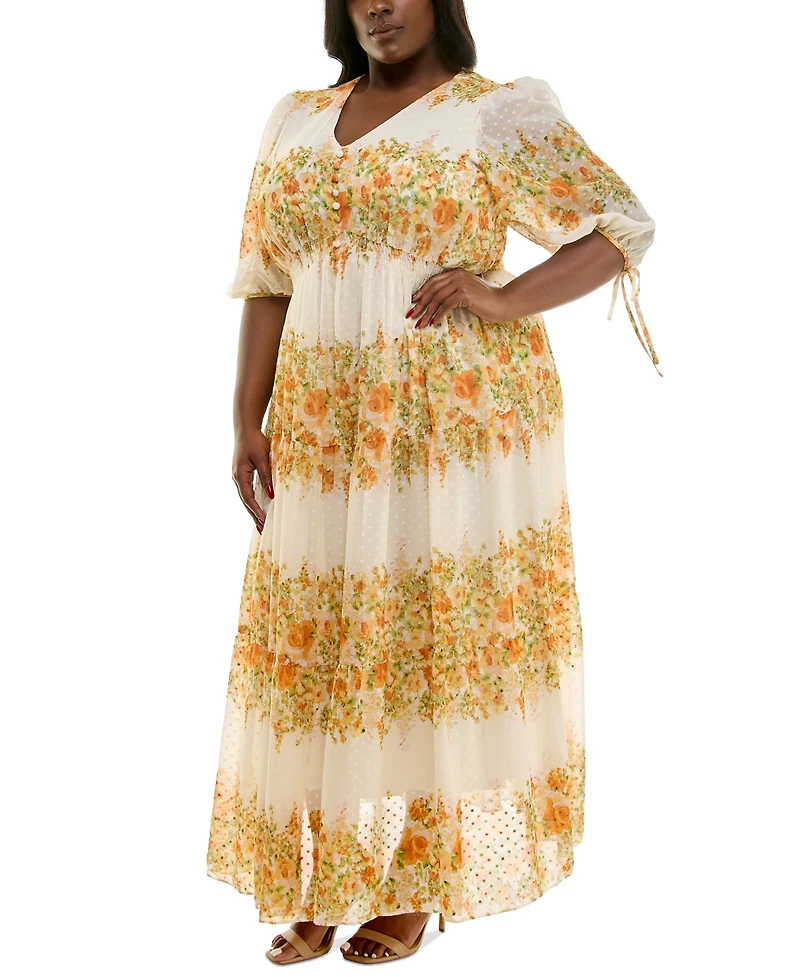 Taylor Plus Floral-Print Chiffon A-Line Midi Dress