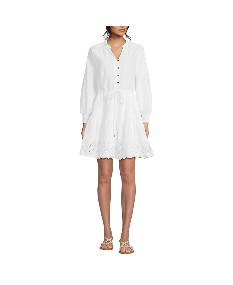 Lands' End Women's Long Sleeve Eyelet Mini Popover Dress