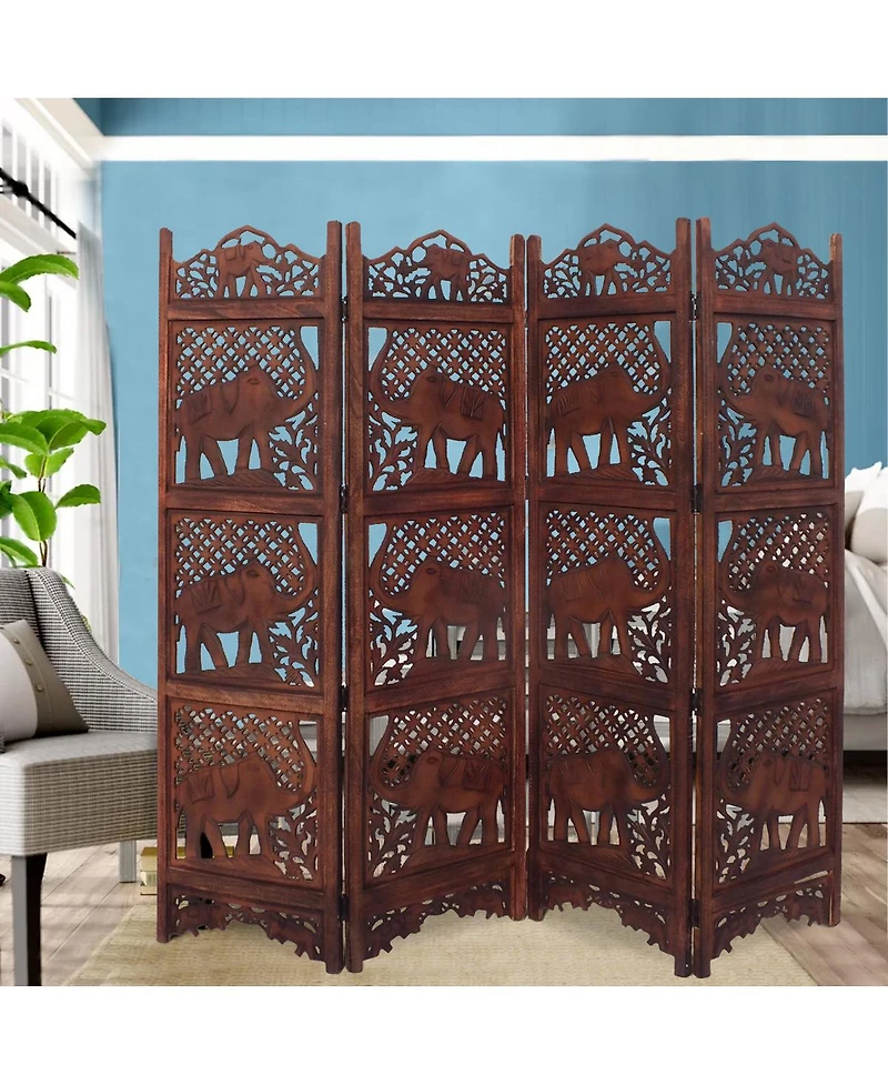 Hand-Carved Elephant Design Foldable 4-Panel Room Divider for Unique Space Separation and Style