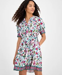 julia jordan Women's Printed Tie-Neck Short-Puff-Sleeve Dresss