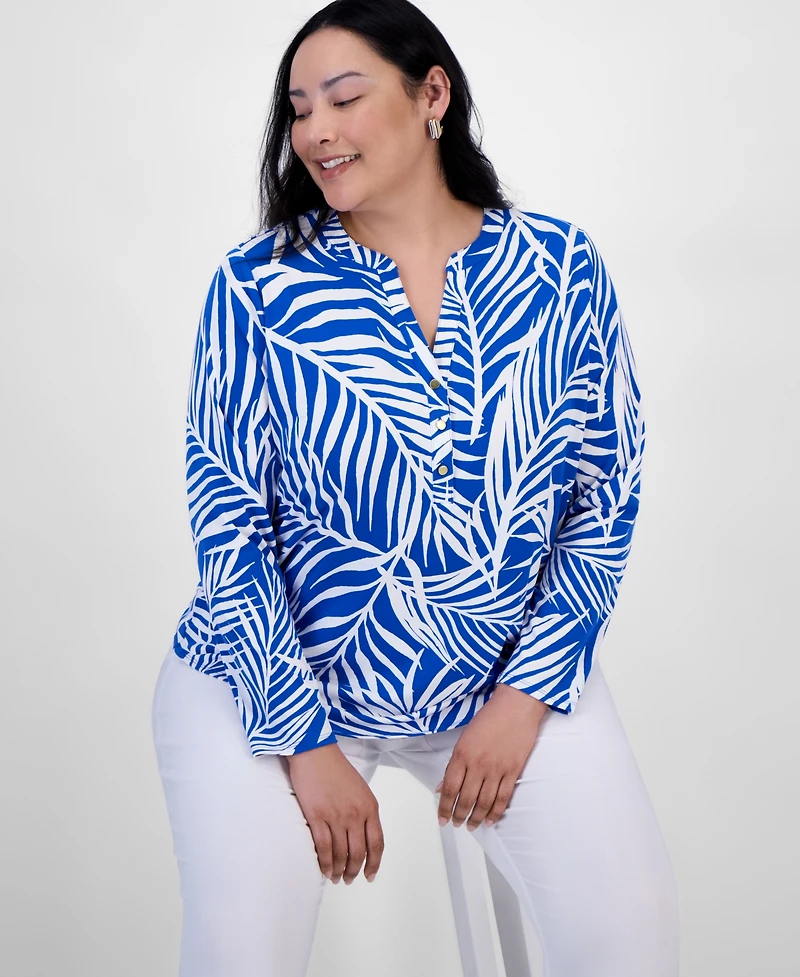 INC Plus Printed Split-Neck Top, Exclusively at Macy's