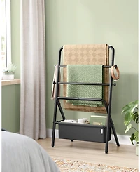 Foldable Towel Rack with 4 Hooks and Blanket Holder for Bathroom or Bedroom Use