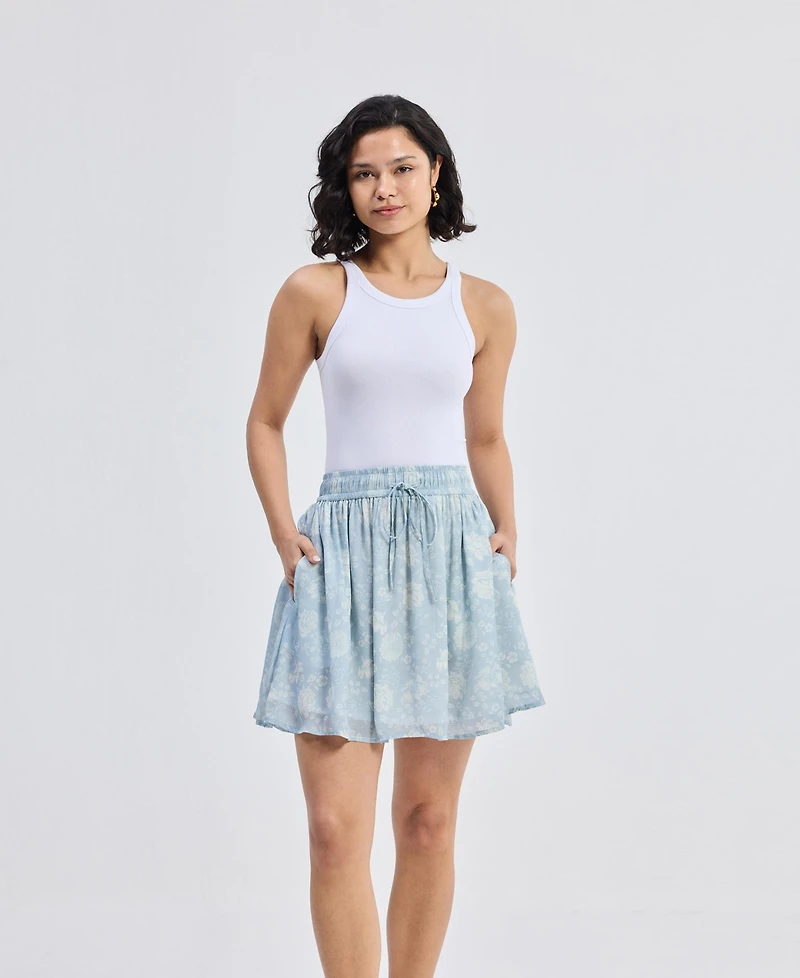 Reistor Women's Drawstring Short Skirt Blue Florals