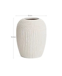 LuxenHome Beige Ribbed Round 15.2-Inch Tall MgO Vase