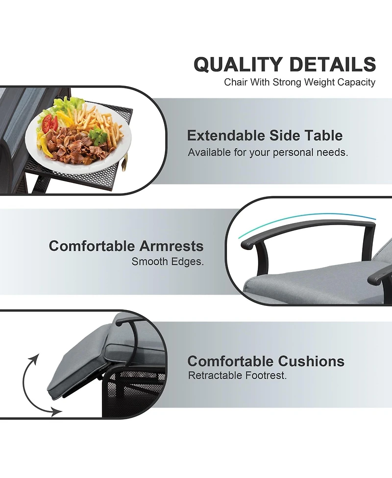 Adjustable Patio Recliner Chair Metal Outdoor Lounge Chair with Flip Table Push Back, Adjustable Angle, 6.8'' Removable Cushions, Beige