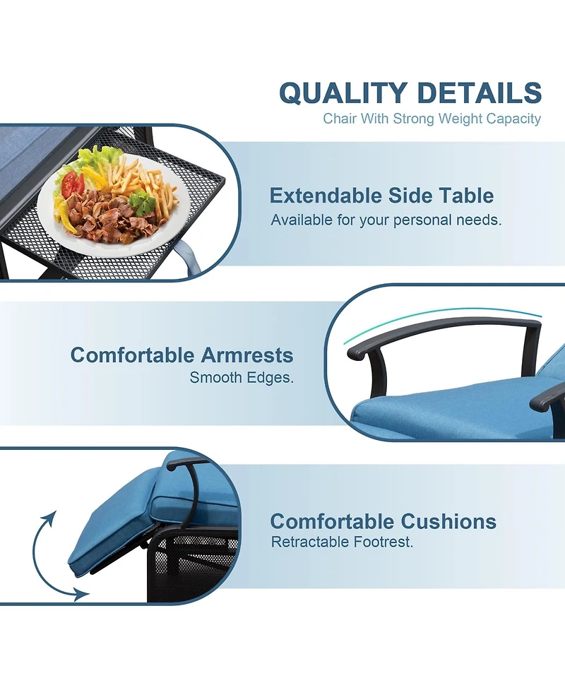 Adjustable Patio Recliner Chair Metal Outdoor Lounge with Flip Table Push Back, Angle, 6.8'' Removable Cushions, Beige