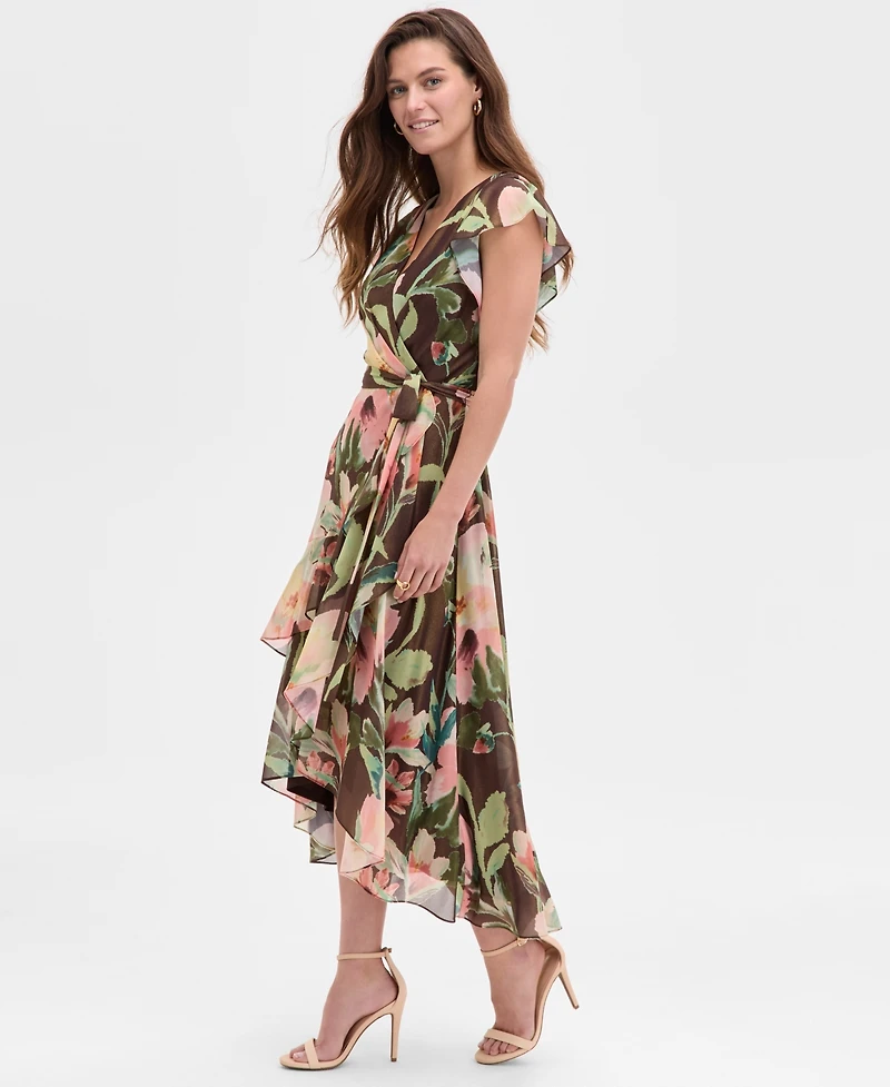 Adrianna Papell Women's High-Low Ruffle Floral Midi Dress