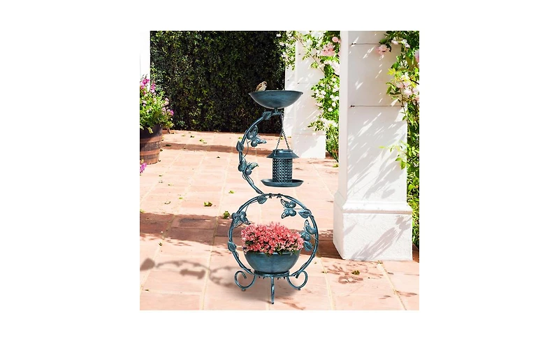 Bird Bath and Solar Feeders Combo with Flower Planter Pedestal
