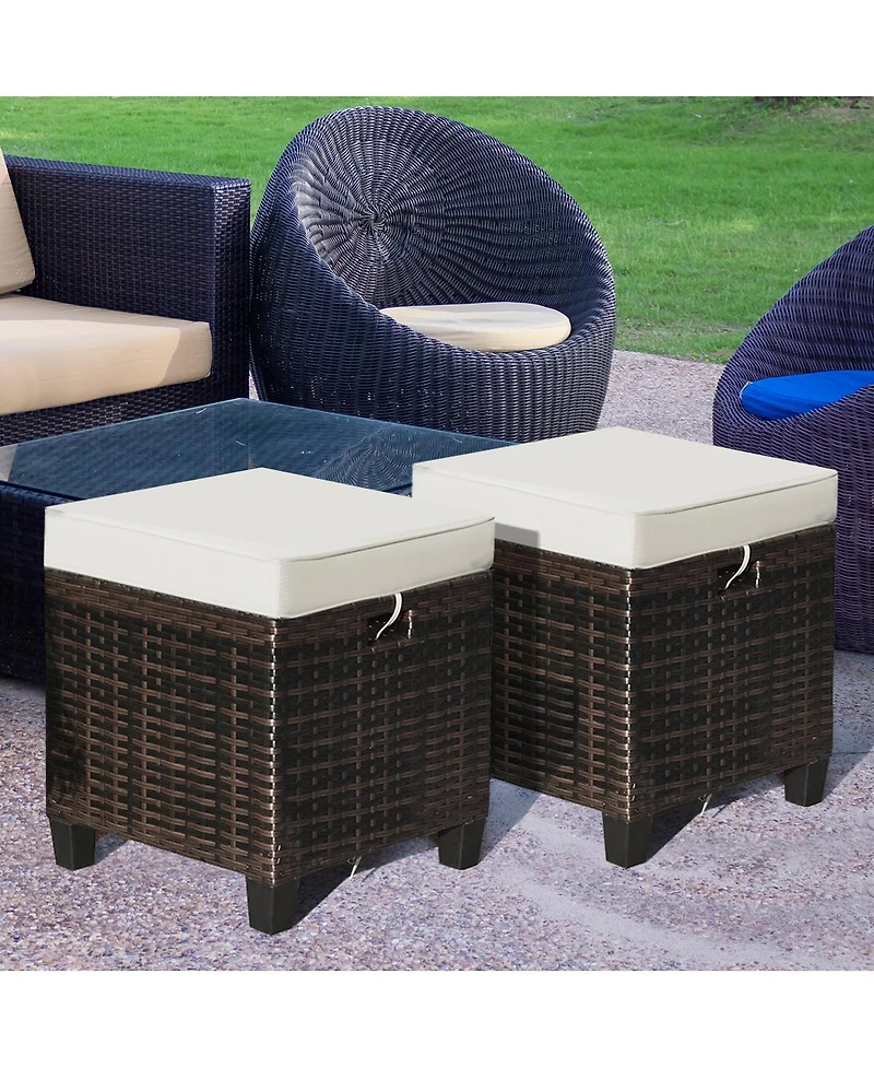 4PCS Patio Rattan Ottoman Cushioned Seat Foot Rest Coffee Table