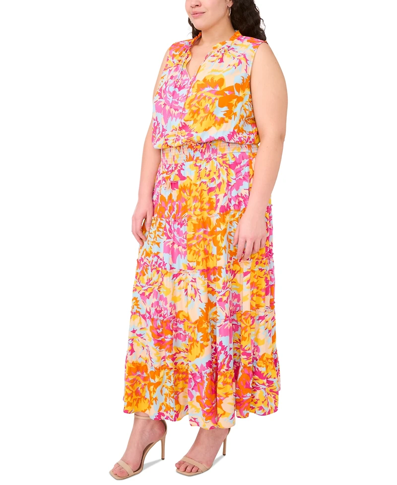Msk Plus Split-Neck Sleeveless Tiered Challis Maxi Dress
