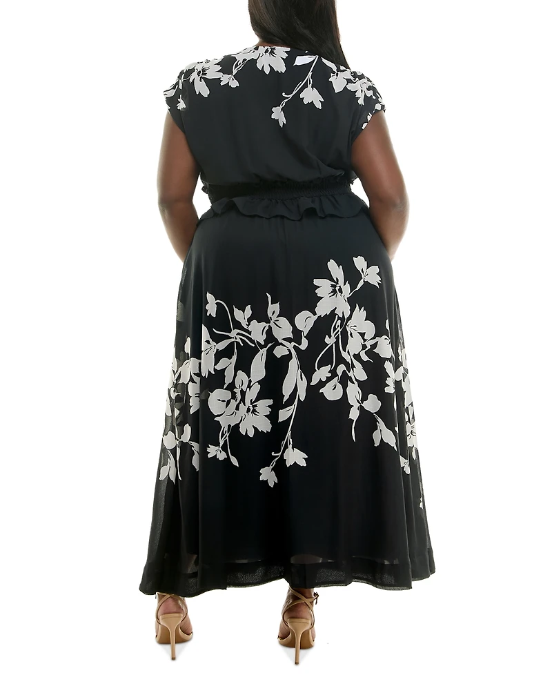 Taylor Plus Size Printed V-Neck Smocked-Waist Maxi Dress