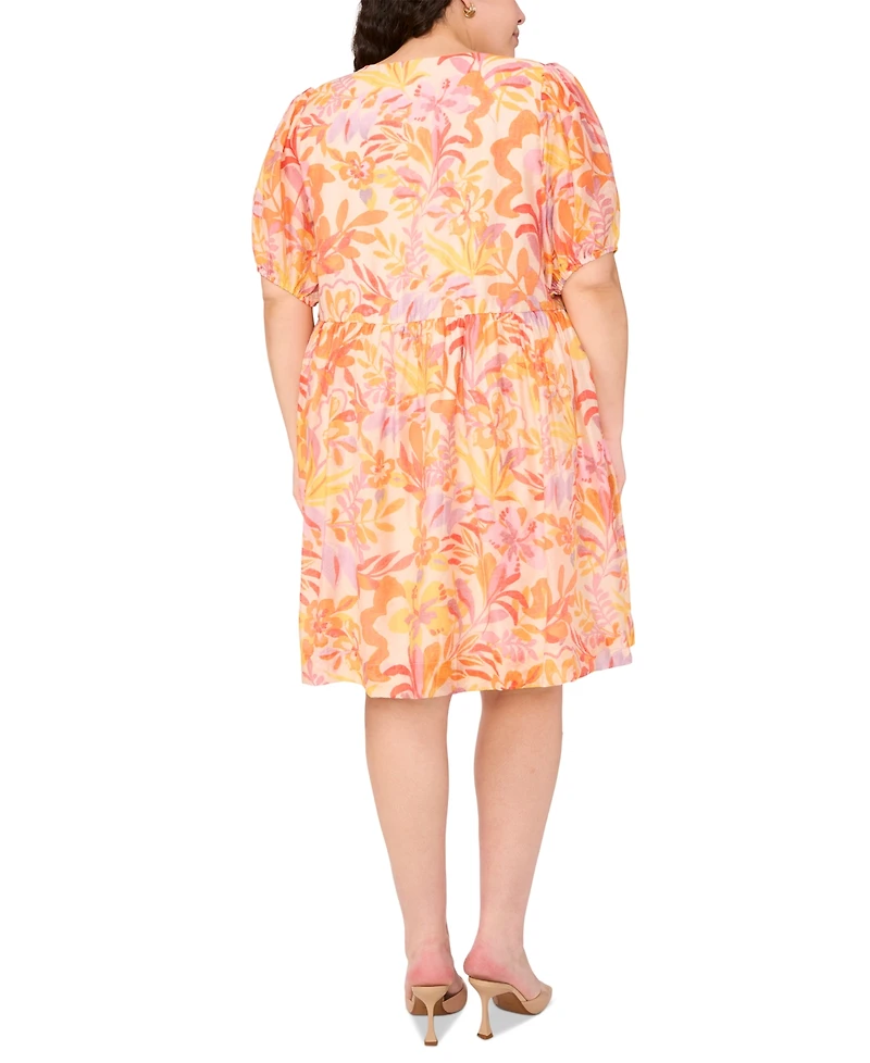 Msk Plus Printed Tie-Neck Short-Sleeve Dress