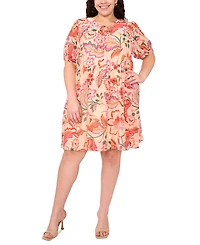 Msk Plus Printed Tie-Neck Short-Sleeve Dress