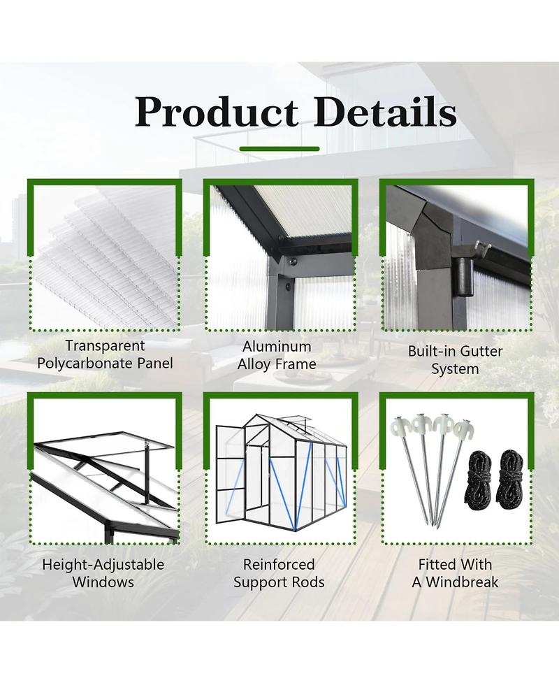 6x8 Ft Aluminum Polycarbonate Greenhouse, Windproof, Heavy Duty