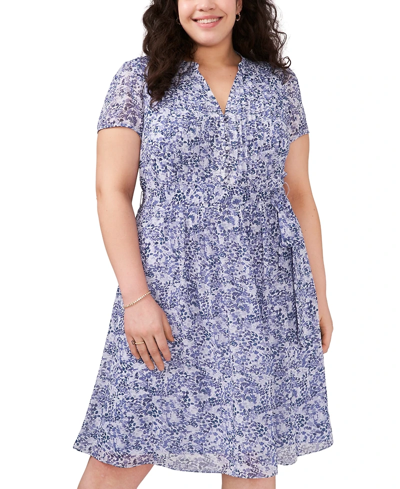 Msk Plus Printed Split-Neck Cap-Sleeve Dress