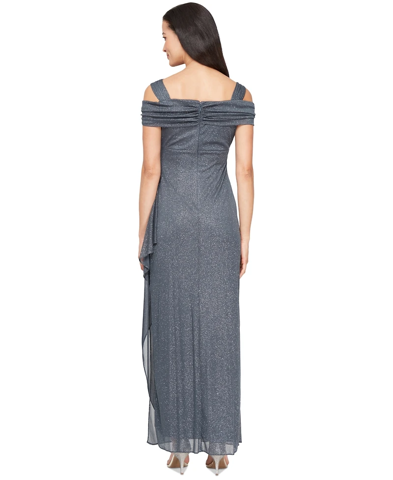 Alex Evenings Petite Cold-Shoulder Draped Metallic Gown