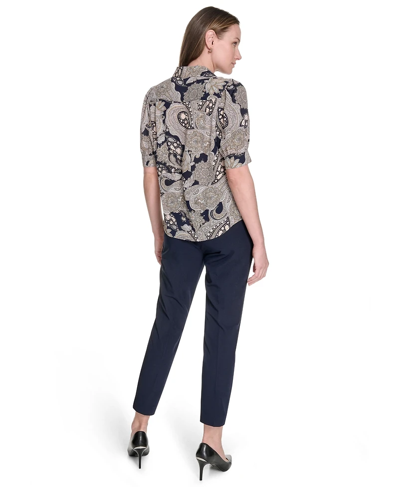 Tommy Hilfiger Women's Printed Point Collar Puff-Sleeve Blouse