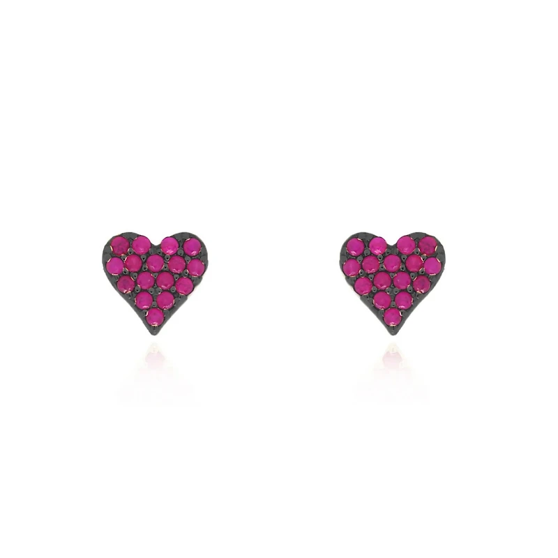 Ruby and Black Rhodium Heart Stud Earrings