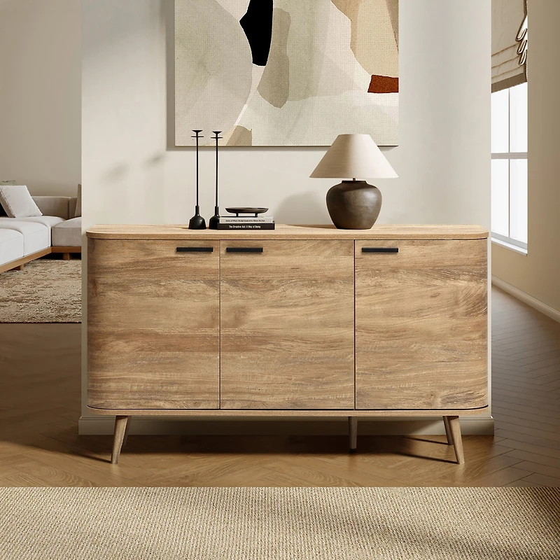 LuxenHome Natural Oak Manufactured Wood 3-Door 53.3-Inch Wide Buffet Cabinet