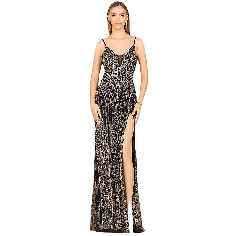 Lara Women's Spaghetti Strap Beaded Gown with Slit