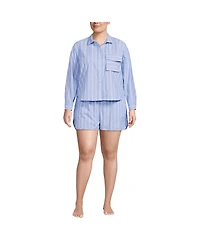 Lands' End Plus Cotton Poplin 2 Piece Pajama Set - Long Sleeve Top and Shorts with Piping