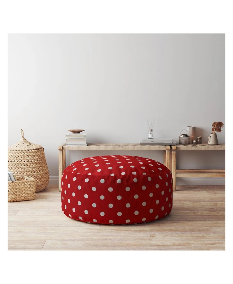 24" Red And White Cotton Round Polka Dots Pouf Cover