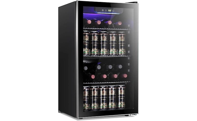 Zafro 26-Bottle Wine Cooler, 130-Can Beverage Fridge, Clear Glass Door, Quiet Compressor, Temp Adjustable, Freestanding Indoor Use, Mini Wine Cellar f