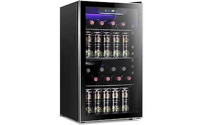 Zafro 26-Bottle Wine Cooler, 130-Can Beverage Fridge, Clear Glass Door, Quiet Compressor, Temp Adjustable, Freestanding Indoor Use, Mini Wine Cellar f