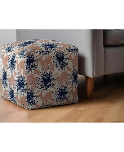 17" Pink and Blue Canvas Floral Pouf Ottoman
