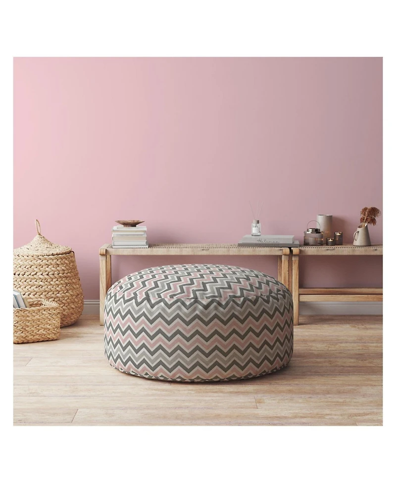 24" Gray Twill Round Chevron Pouf Ottoman
