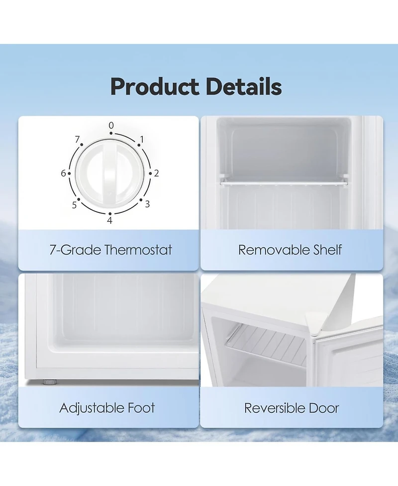 Zafro 1.1 Cu. Ft. Small Upright Freezer – This compact mini freezer features removable shelves, an adjustable thermostat, and a reversible door