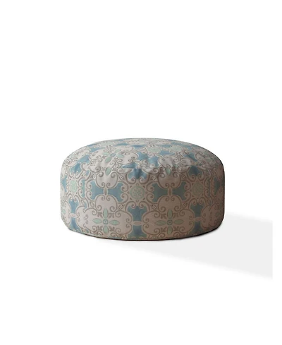 24" Blue Cotton Round Ikat Pouf Ottoman