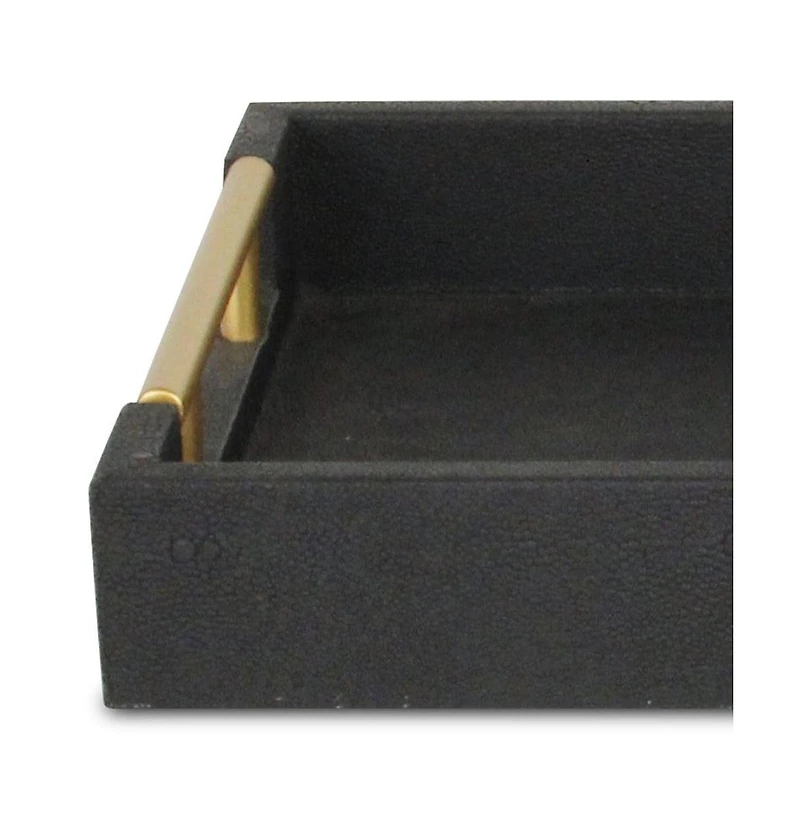 Wood and Vinyl Faux Shagreen Serving Tray with Handles for Dining and Decor